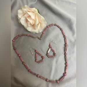 LOVE~Handmade Simple Pink/Silver Stone-Look Beaded Necklace & Pierced Earrings